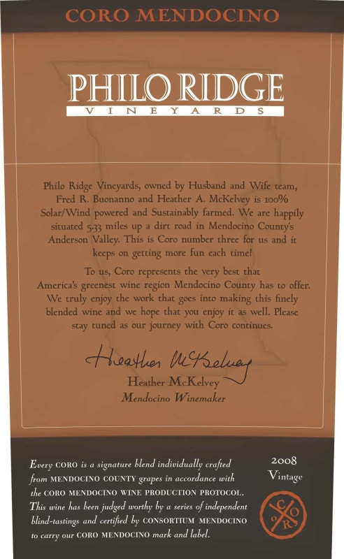 Philo Ridge Vineyards Coro Mendocino 2008 Front Label