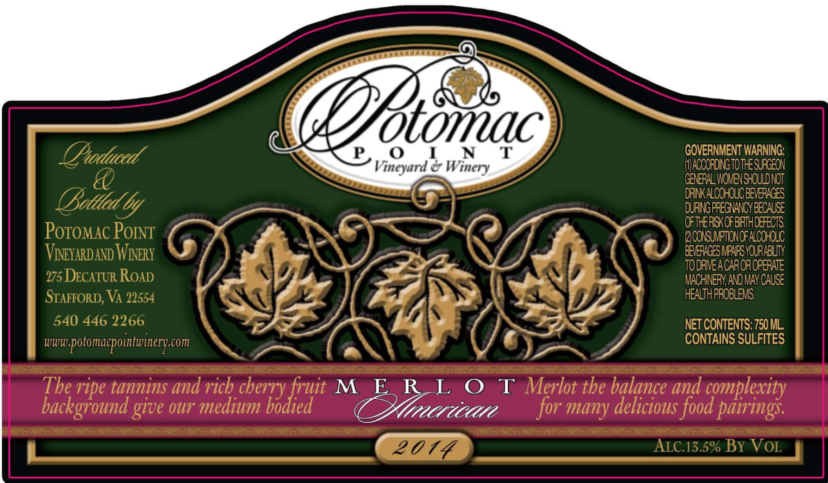 Potomac Point Vineyard & Winery Merlot 2014 Front Label