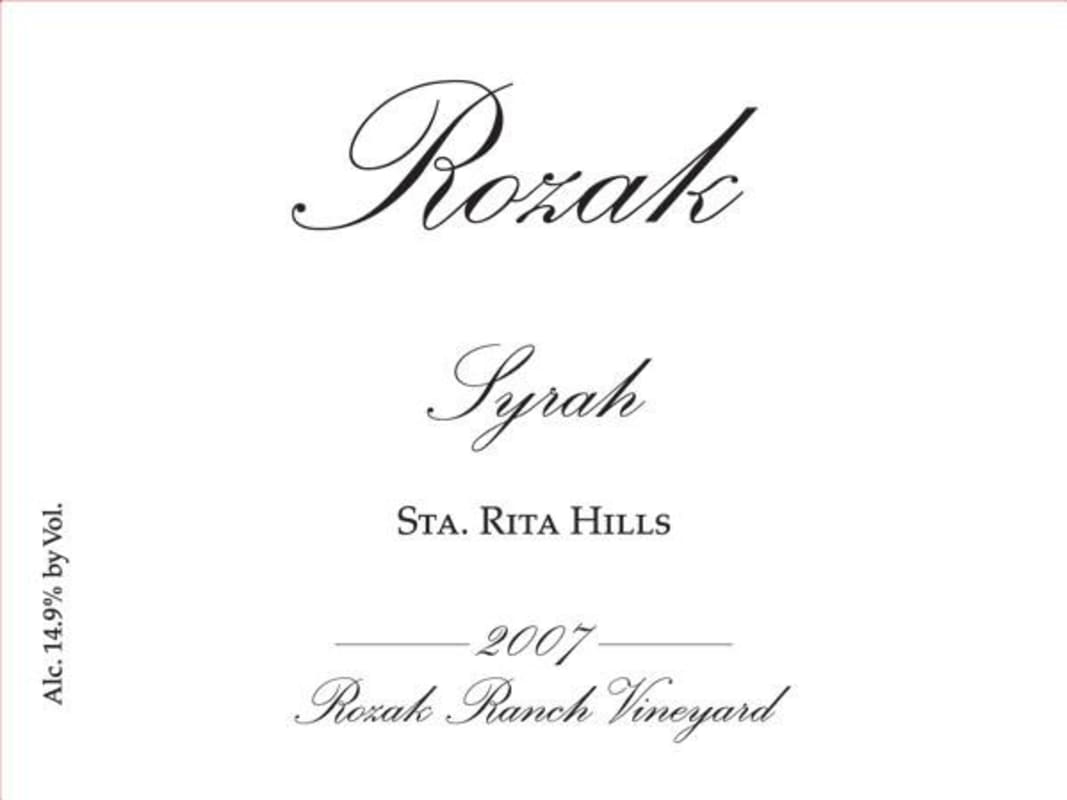 Rozak Vintners Syrah 2007 Front Label