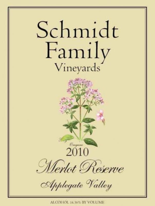 Schmidt Family Vineyards Merlot Reserve 2010 Front Label