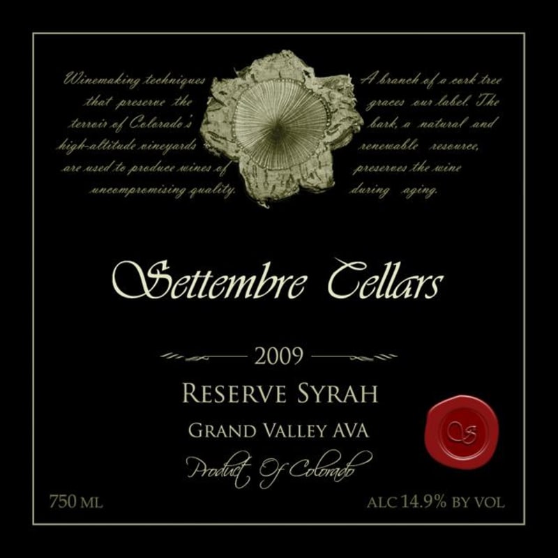 Settembre Cellars Reserve Syrah 2009 Front Label