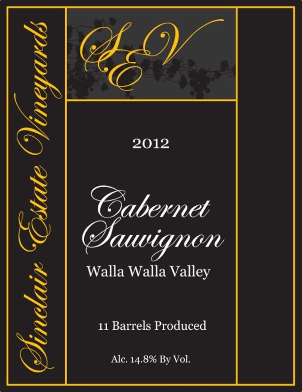 Sinclair Estate Vineyards Cabernet Sauvignon 2012 Front Label