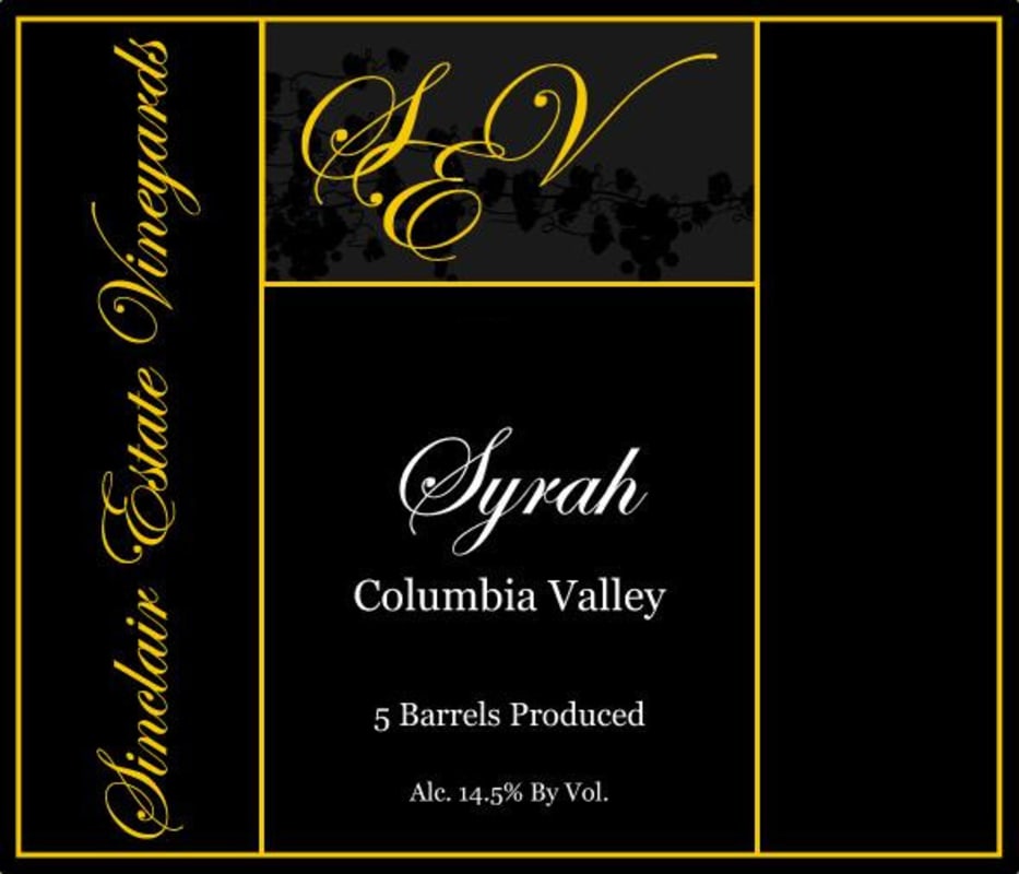 Sinclair Estate Vineyards Syrah 2012 Front Label