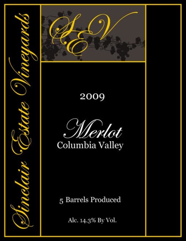 Sinclair Estate Vineyards Merlot 2009 Front Label