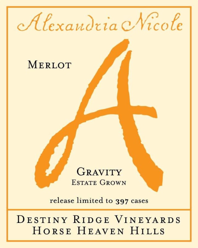Alexandria Nicole Cellars Destiny Ridge Vineyards Gravity Merlot 2012 Front Label