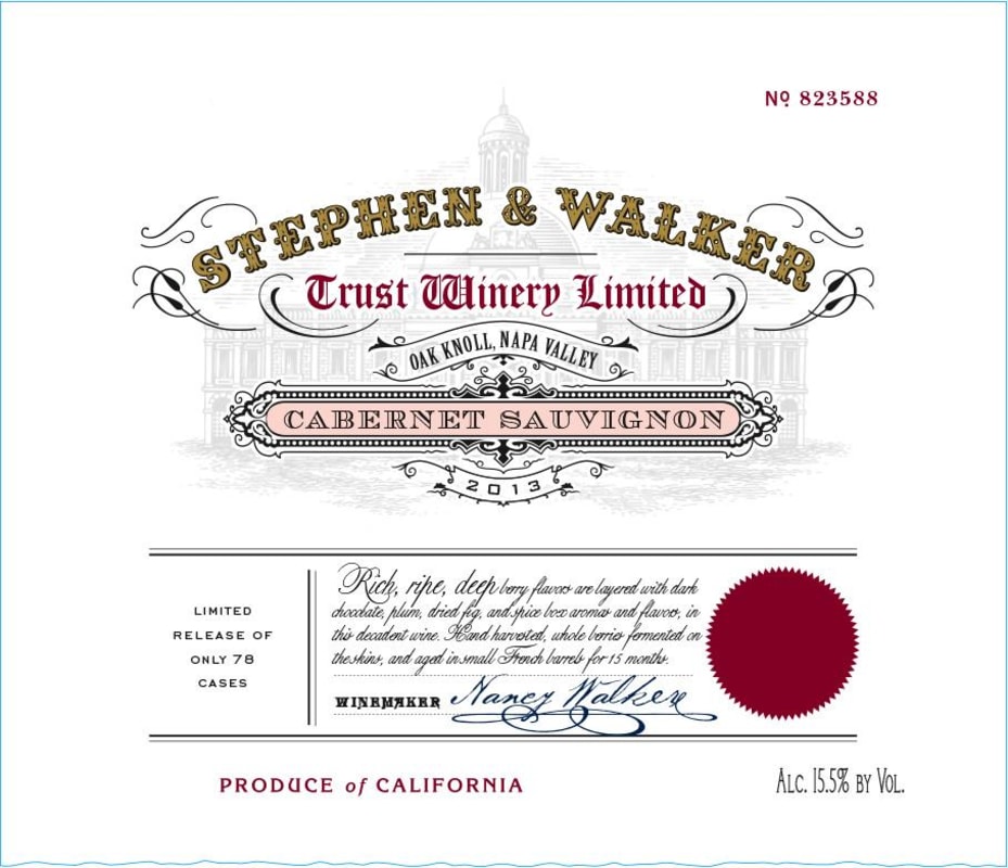 Stephen & Walker 'Trust Winery Limited' Cabernet Sauvignon 2013 Front Label