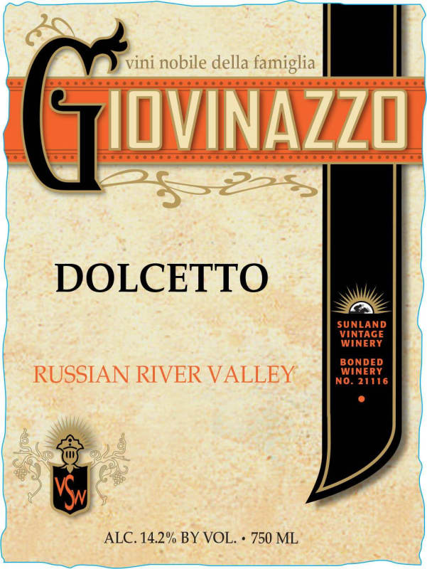 Sunland Vintage Winery Giovinazzo Dolcetto 2014 Front Label