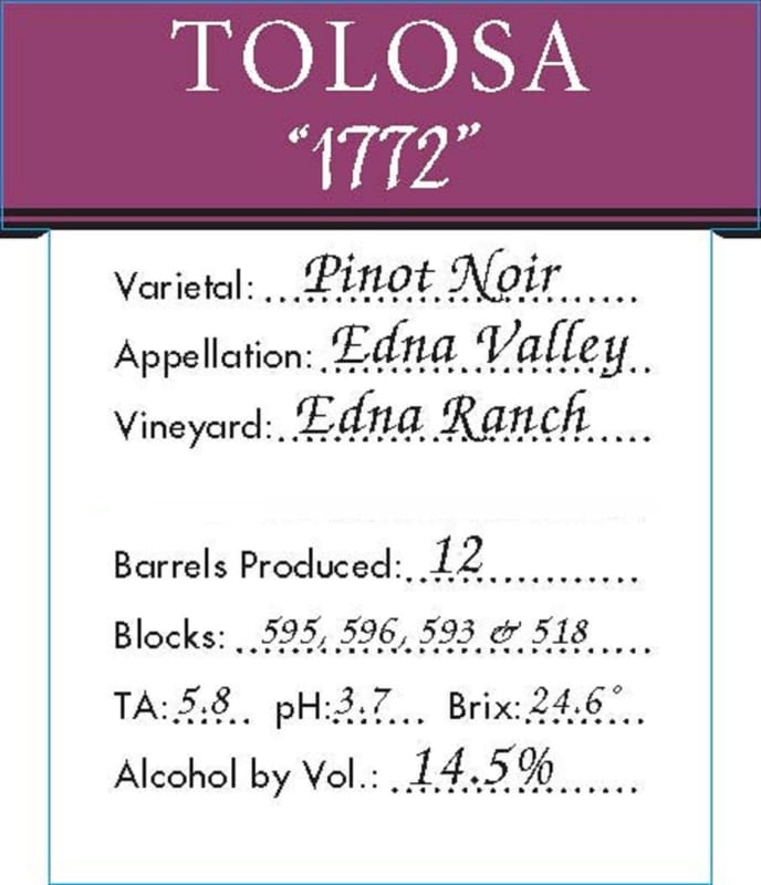 Tolosa Winery 1772 Ranch Pinot Noir 2011 Front Label