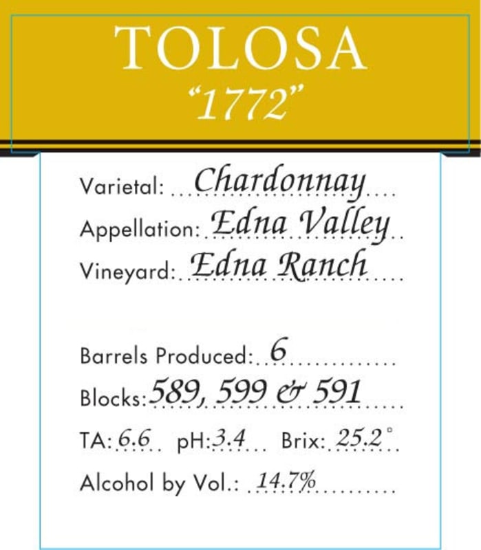 Tolosa Winery 1772 Ranch Chardonnay 2014 Front Label
