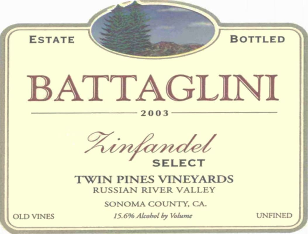 Battaglini Estate Winery Twin Pines Vineyards Select Zinfandel 2003 Front Label