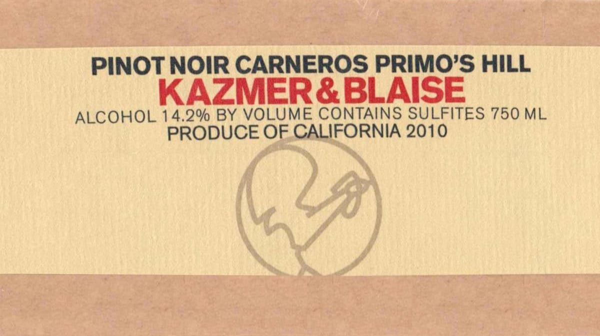 Tricycle Wine Company Primo's Hill Pinot Noir 2010 Front Label