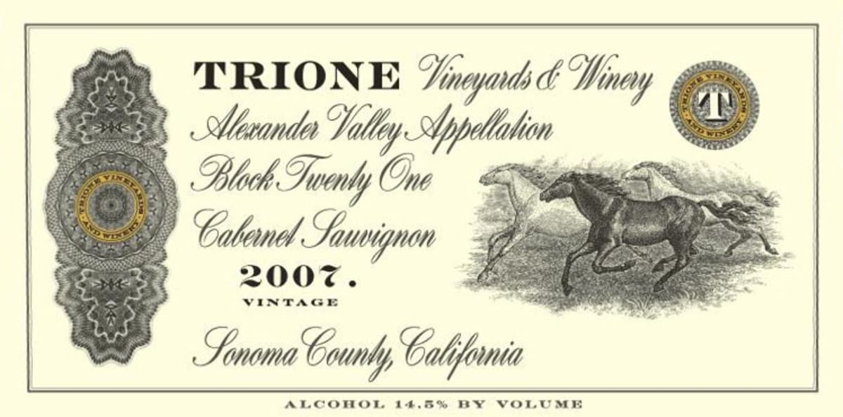 Trione Twenty One Cabernet Sauvignon 2007 Front Label