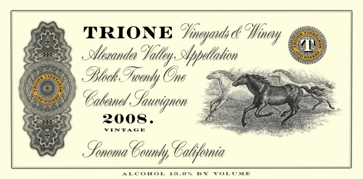 Trione Twenty One Cabernet Sauvignon 2008 Front Label