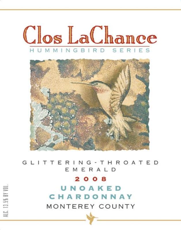 Clos LaChance Glittering-Throated Emerald Unoaked Chardonnay 2008 Front Label