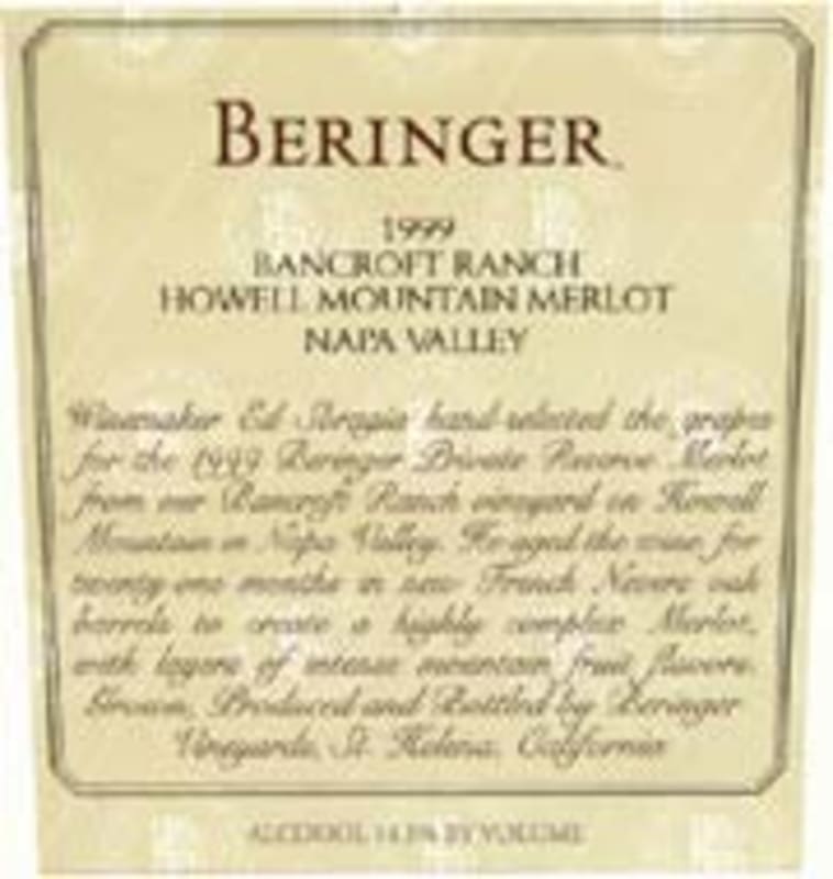 Beringer Howell Mountain Bancroft Ranch Merlot 1999 Front Label