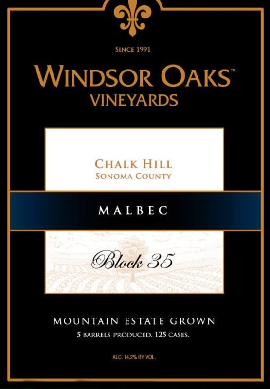 Windsor Oaks Vineyards & Winery Block 35 Malbec 2012 Front Label