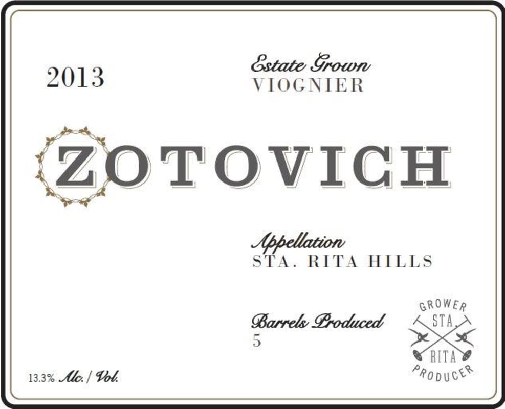 Zotovich Cellars Estate Viognier 2013 Front Label