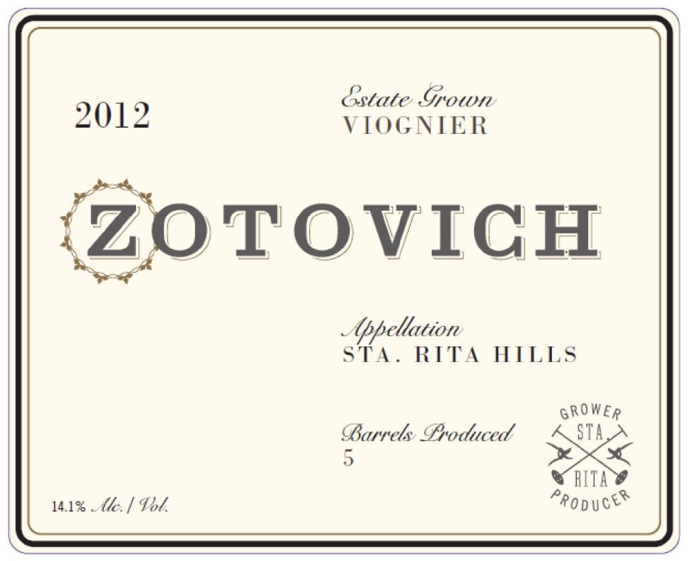 Zotovich Cellars Estate Viognier 2012 Front Label
