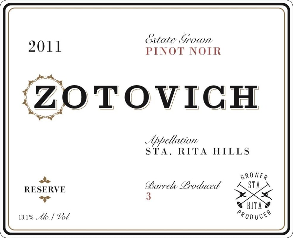 Zotovich Cellars Estate Reserve Pinot Noir 2011 Front Label
