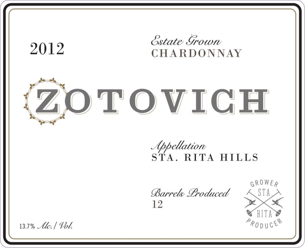 Zotovich Cellars Estate Chardonnay 2012 Front Label