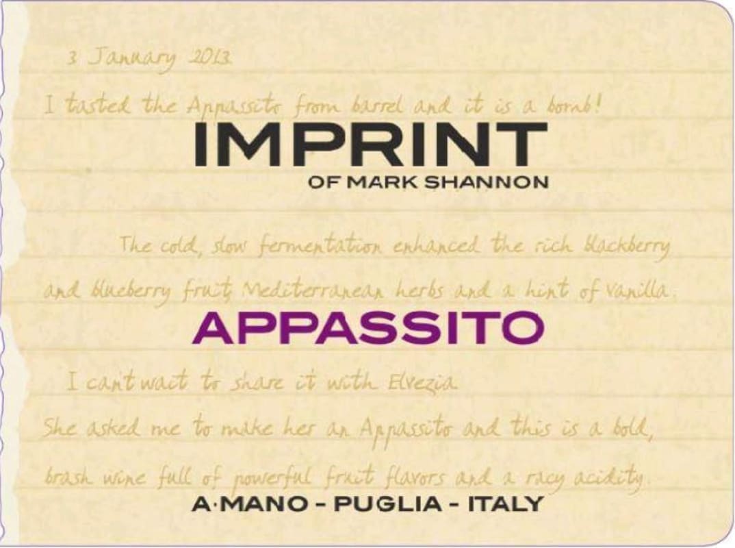 A. Mano Imprint of Mark Shannon Appassito 2012 Front Label