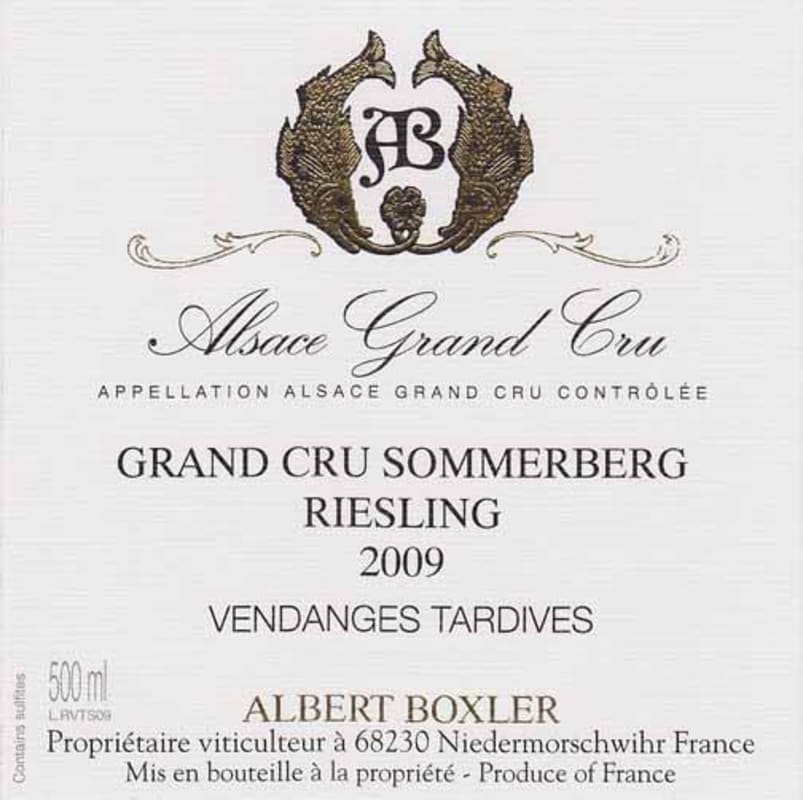Albert Boxler Grand Cru Sommerberg Vendanges Tardives Riesling 2009 Front Label