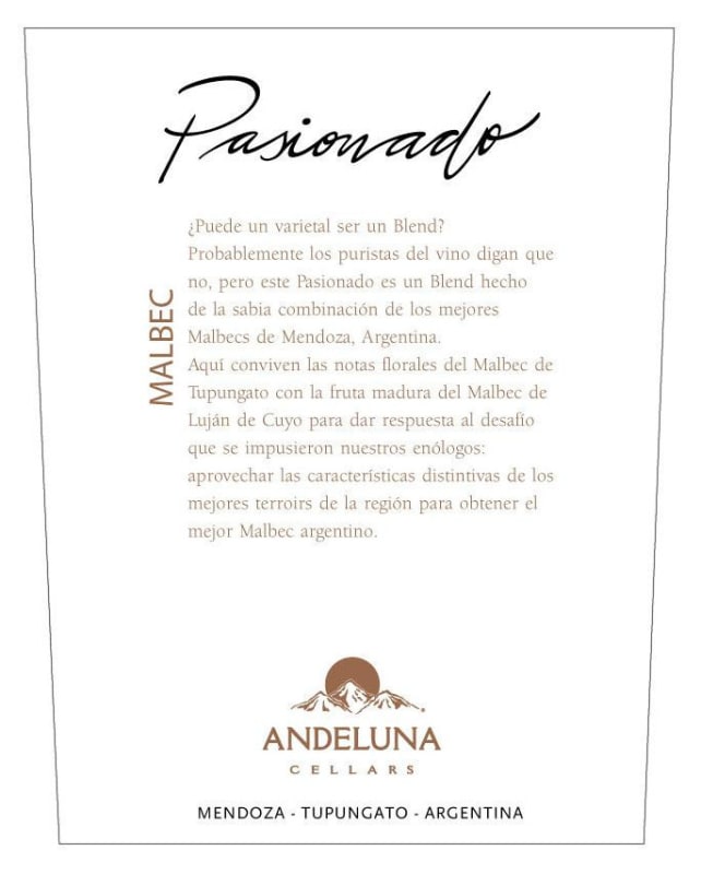 Andeluna Pasionado Malbec 2013 Front Label