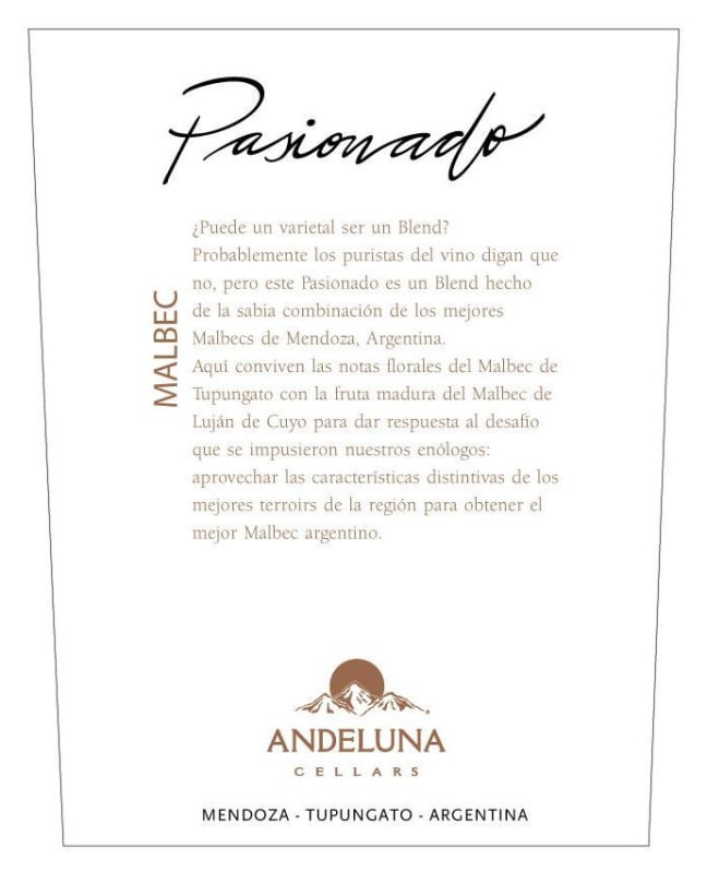 Andeluna Pasionado Malbec 2014 Front Label