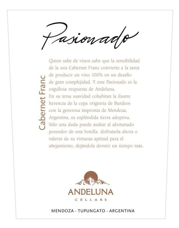 Andeluna Pasionado Cabernet Franc 2010 Front Label