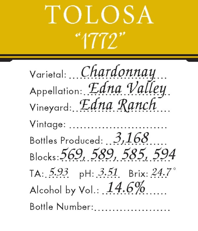 Tolosa Winery 1772 Ranch Chardonnay 2006 Front Label