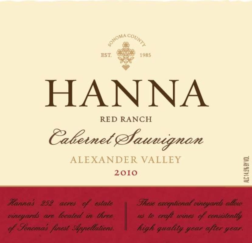 Hanna Red Ranch Cabernet Sauvignon 2010 Front Label
