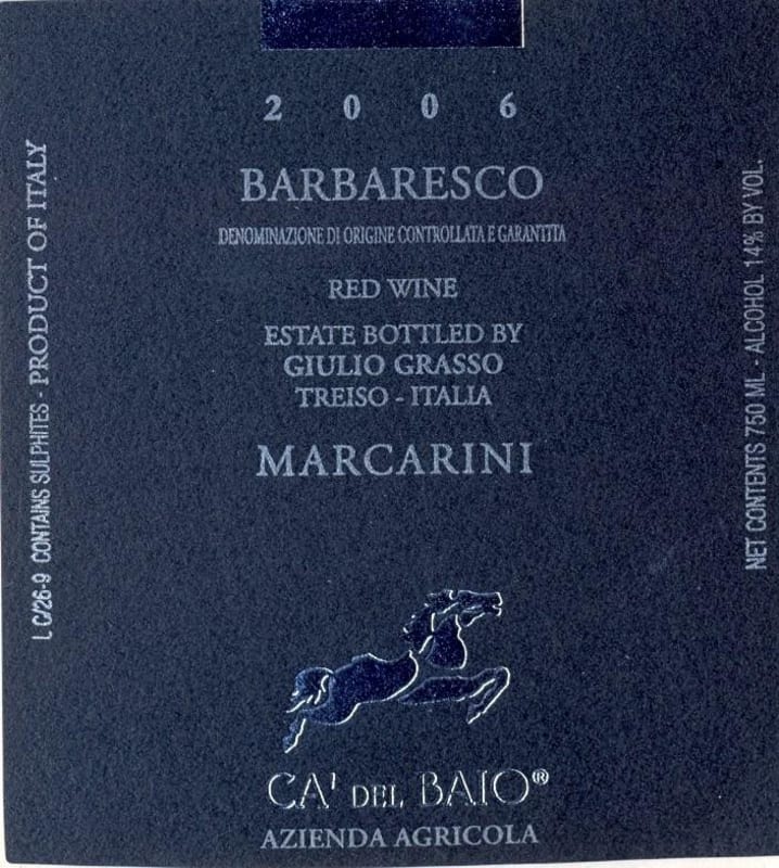 Ca' del Baio Barbaresco Marcarini 2006 Front Label