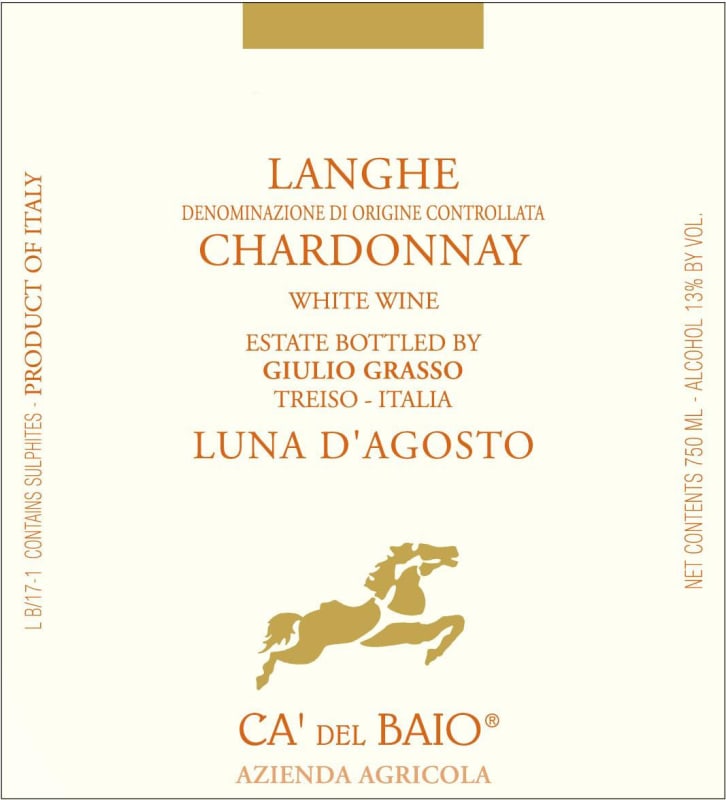 Ca' del Baio Luna d'Agosto Chardonnay 2015 Front Label