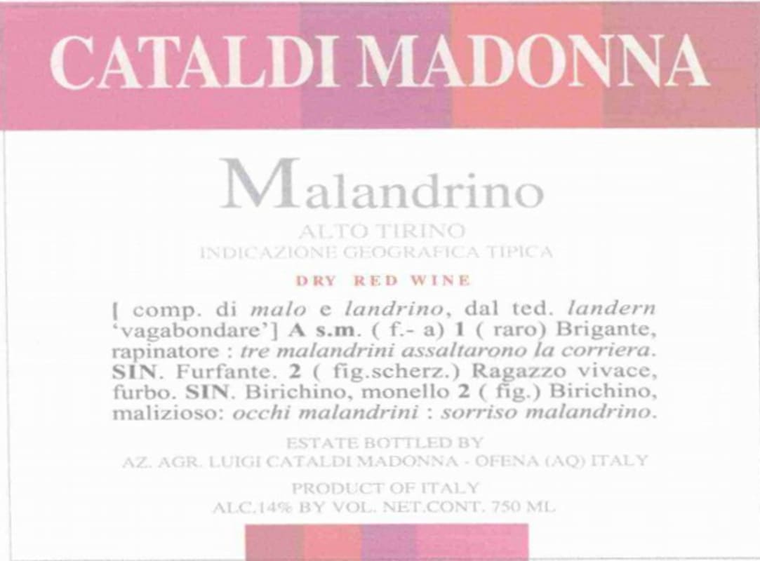 Cataldi Madonna Malandrino Alto Tirino Rosso 2012 Front Label