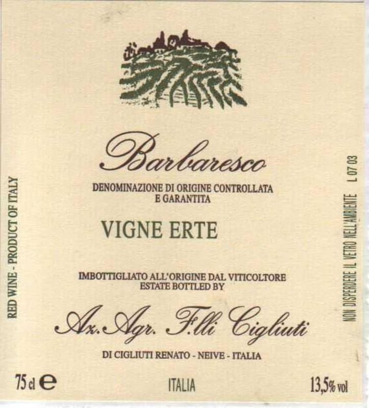 Cigliuti Barbaresco Vigne Erte 2005 Front Label