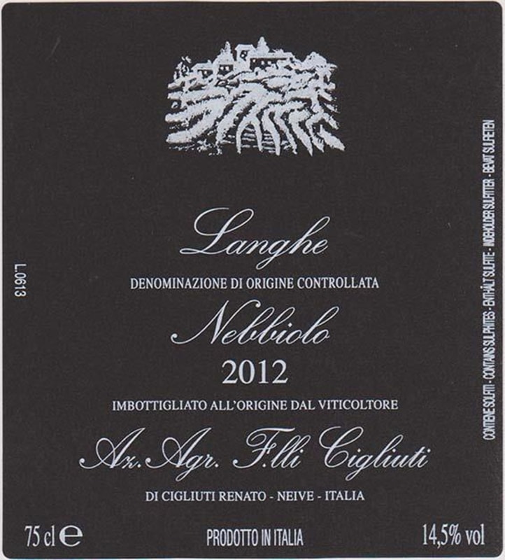 Cigliuti Langhe Nebbiolo 2012 Front Label