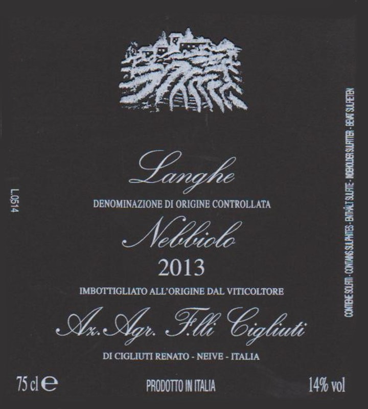 Cigliuti Langhe Nebbiolo 2013 Front Label