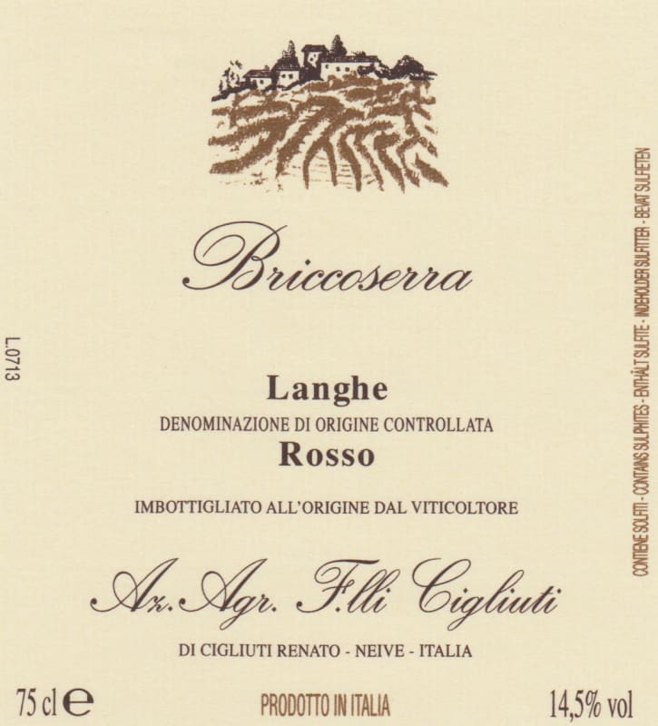 Cigliuti Briccoserra Langhe Rosso 2012 Front Label