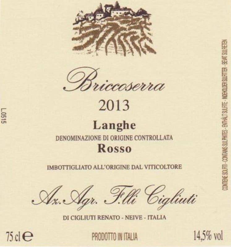 Cigliuti Briccoserra Langhe Rosso 2013 Front Label