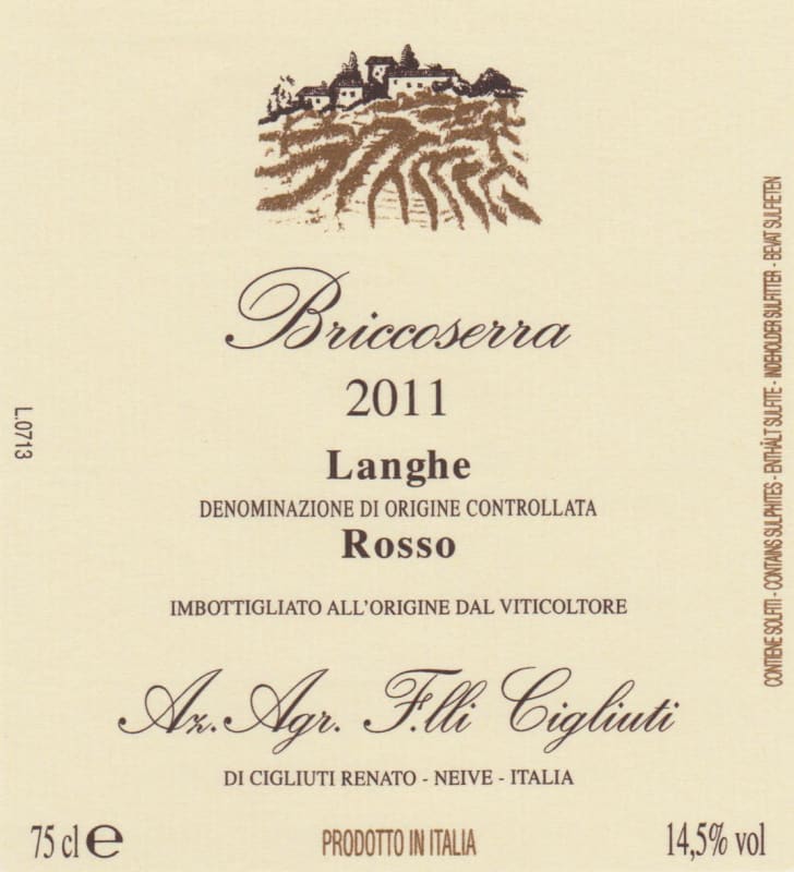 Cigliuti Briccoserra Langhe Rosso 2011 Front Label