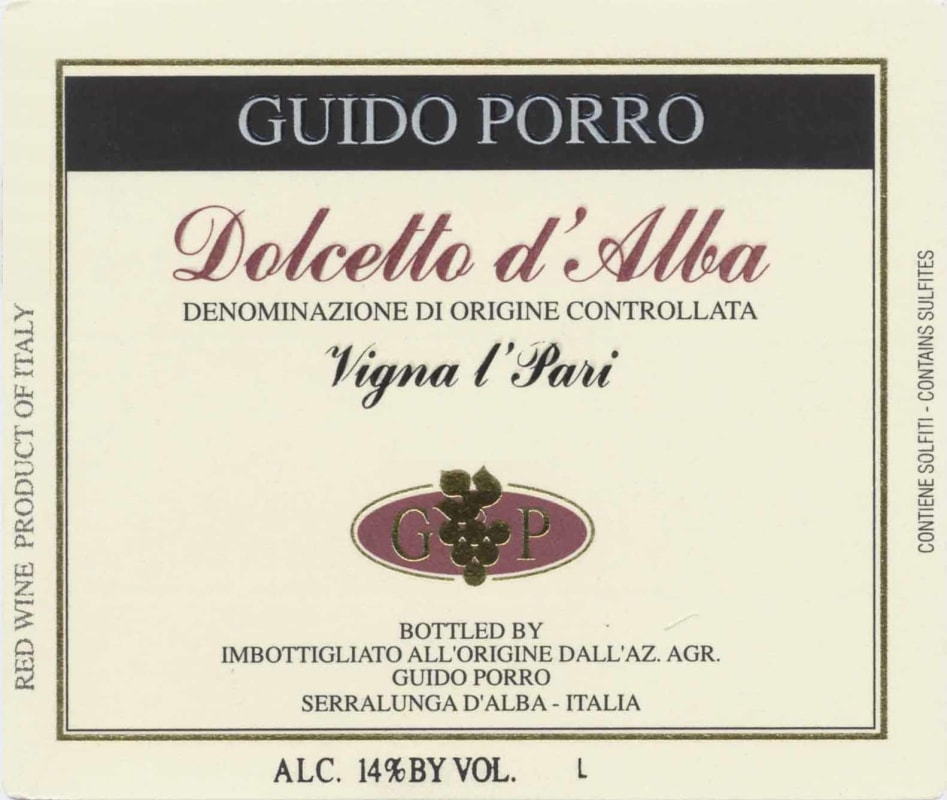 Guido Porro Vigna l'Pari Dolcetto d'Alba 2013 Front Label
