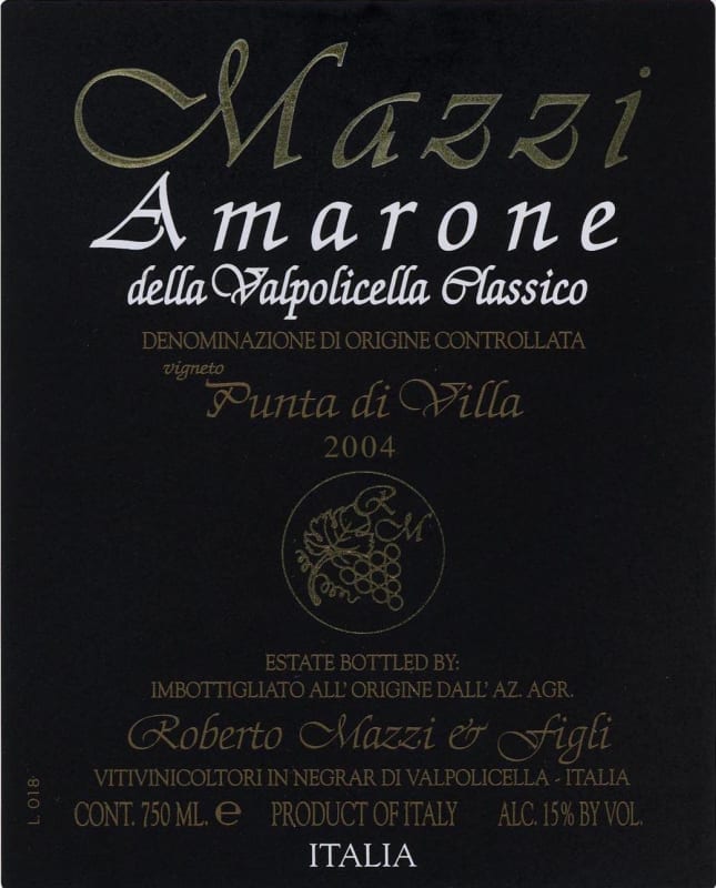 Mazzi Amarone Della Valpolicella Classico Punta Di Villa 2004 Front Label