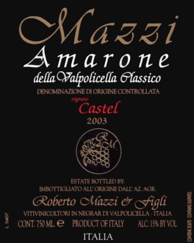 Roberto Mazzi Castel Amarone della Valpolicella Classico 2003 Front Label