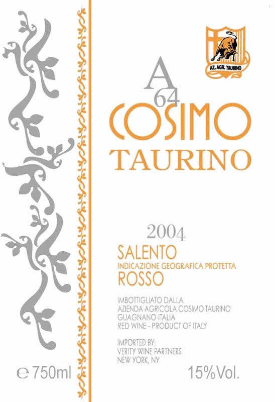 Taurino Salento A64 Cosimo Rosso 2004 Front Label