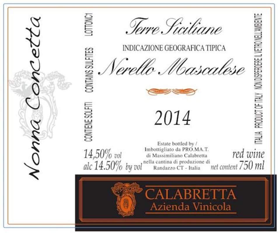 Calabretta Nonna Concetta Nerello Mascalese 2014 Front Label