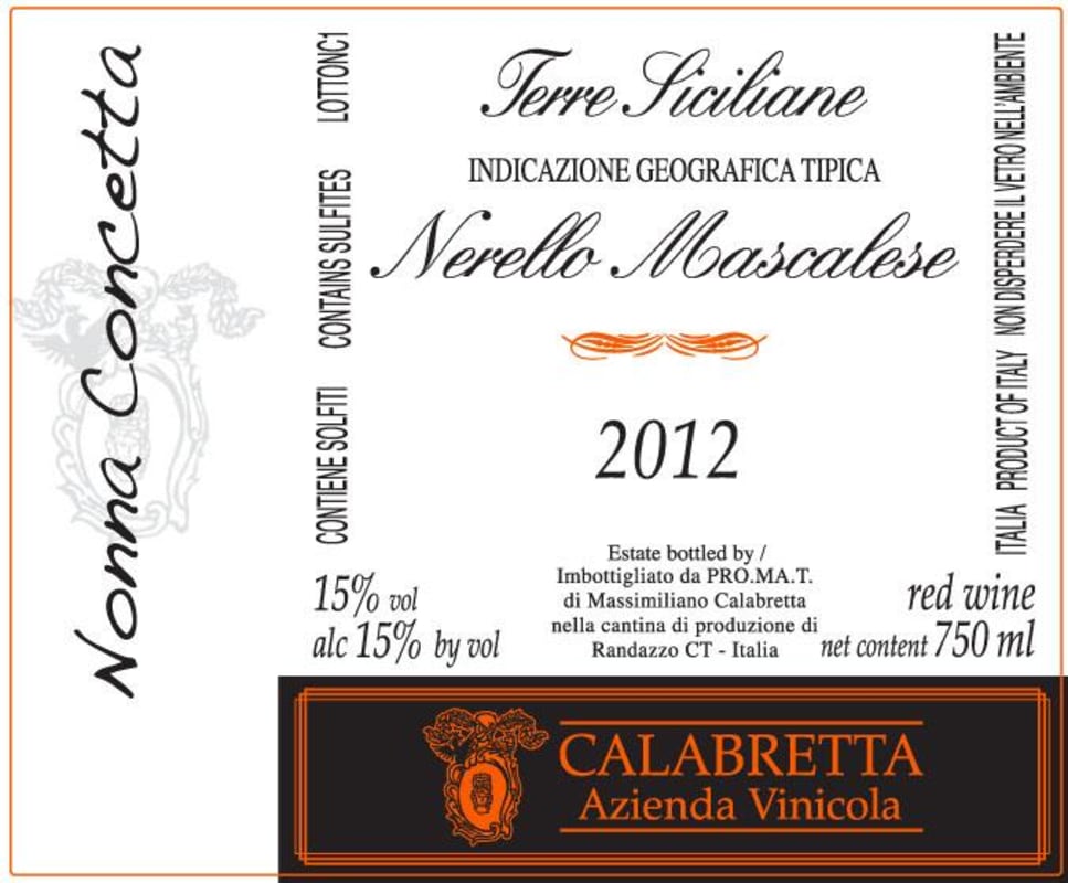 Calabretta Nonna Concetta Nerello Mascalese 2012 Front Label