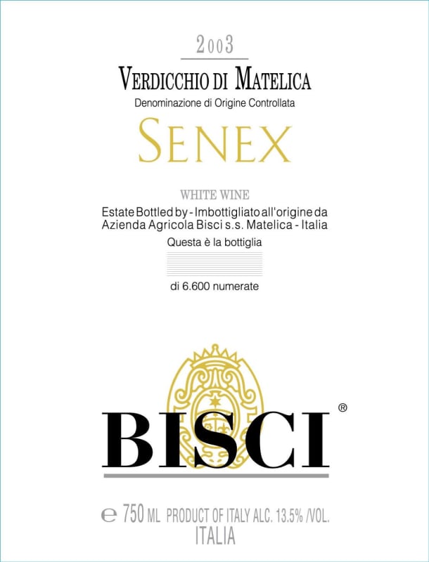 Bisci Senex Verdicchio di Matelica 2003 Front Label