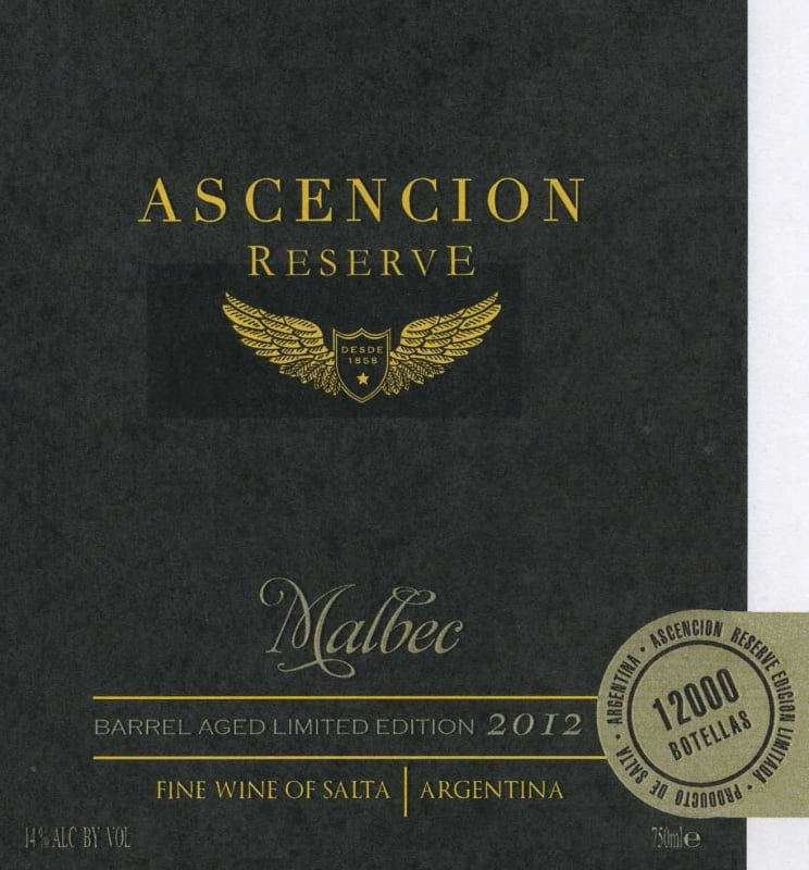 Bodega Colome Ascencion Reserve Malbec 2012 Front Label