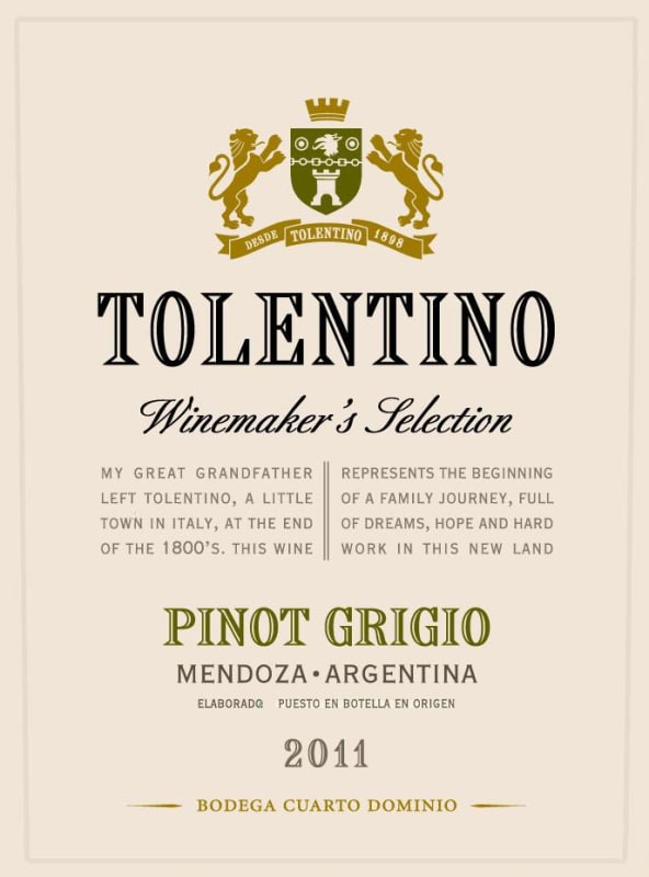 Bodega Cuarto Dominio Tolentino Winemaker's Selection Pinot Grigio 2011 Front Label