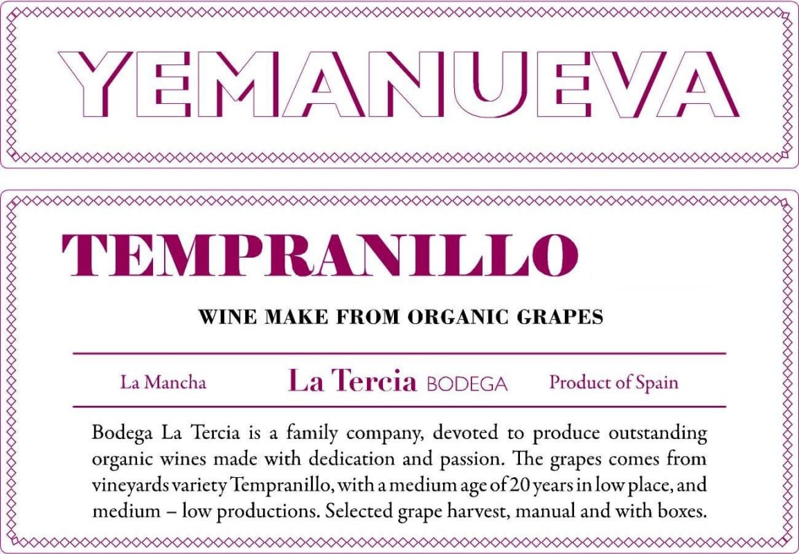 Bodega La Tercia Yemanueva Tempranillo 2014 Front Label